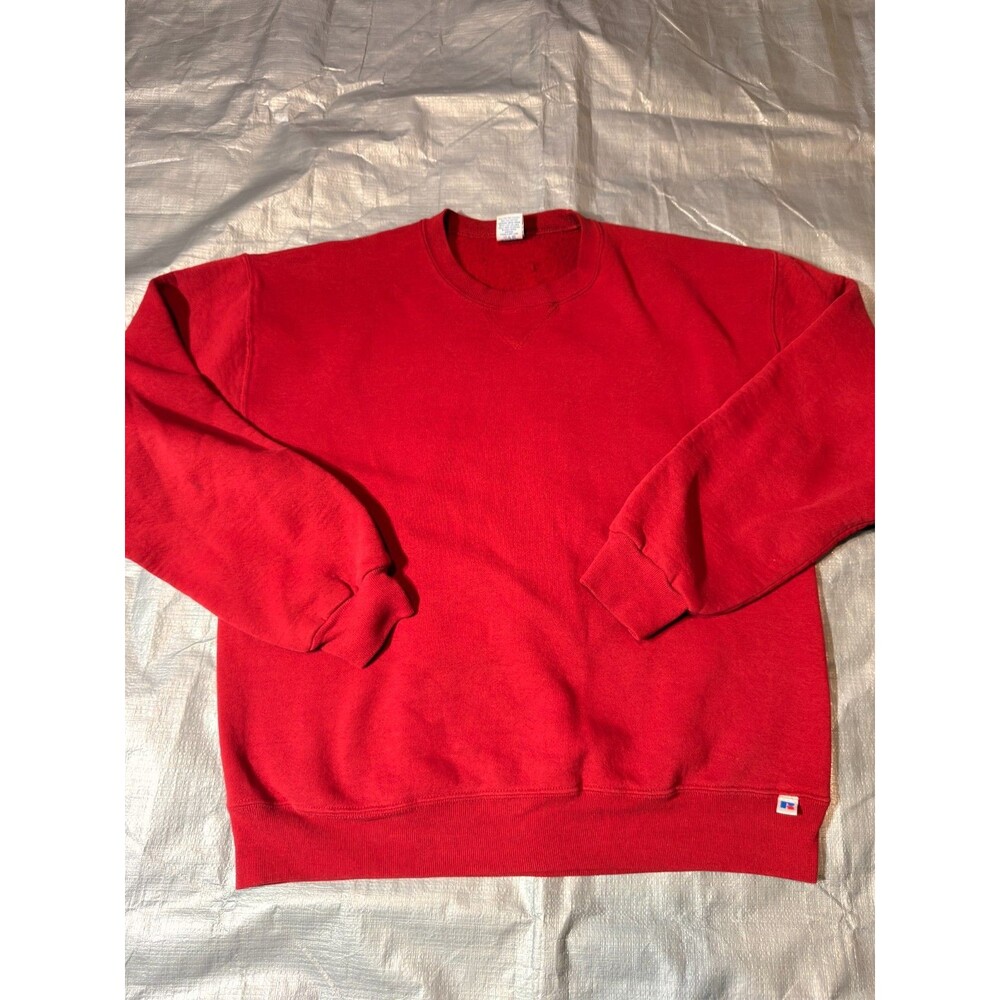 Vintage Russell Athletic Crewneck Sweatshirt Large Red Blank Plain V-Notch 90s
